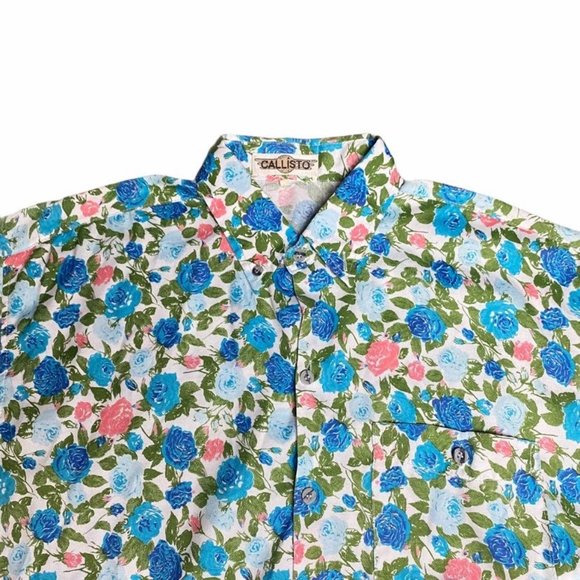 Blue Pink Rose button down mens shirt large - Picture 2 of 2